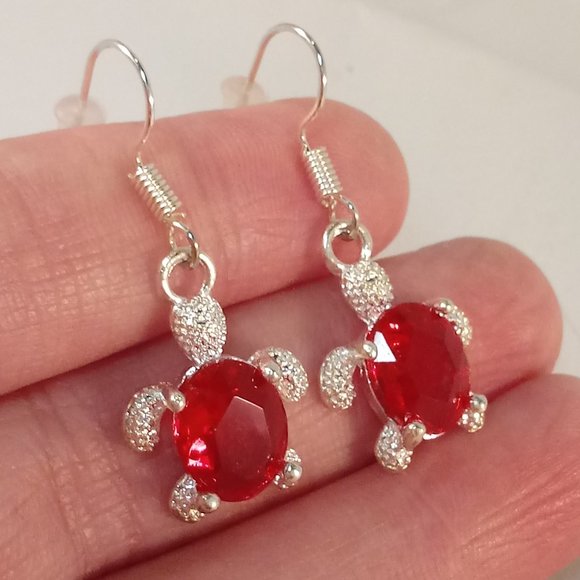 Jewelry - Silver Plated Sea Turtle Red Oval Diamond Zircon Dangle Earrings Women's Classic